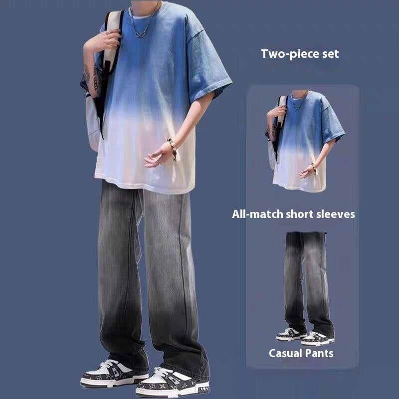 Gradient Short-sleeved Men's Summer Suit Jeans Ruoshuai Two-piece Set