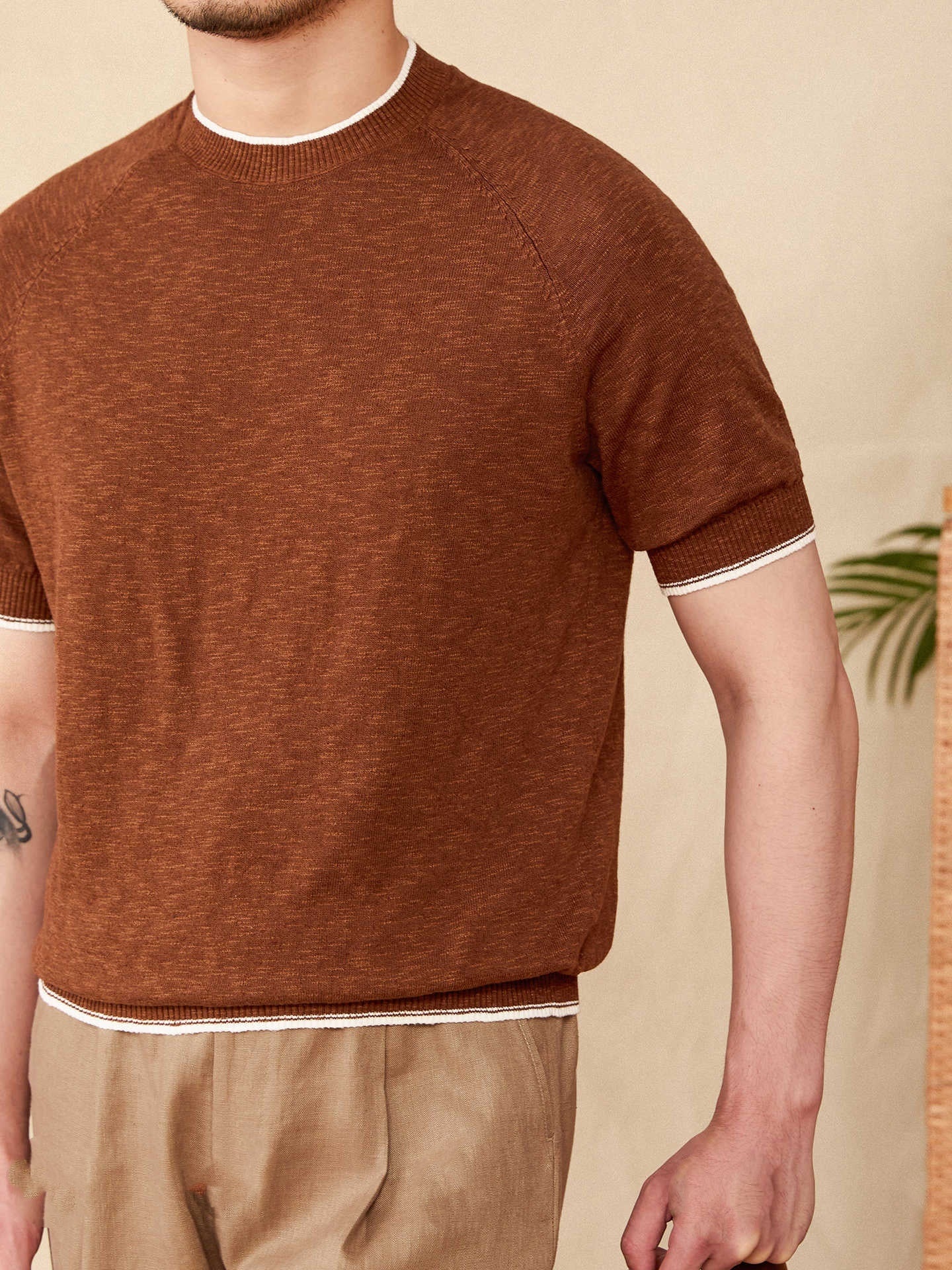 Breathable Round Neck Linen Cotton Casual Knitted Short-sleeved T-shirt