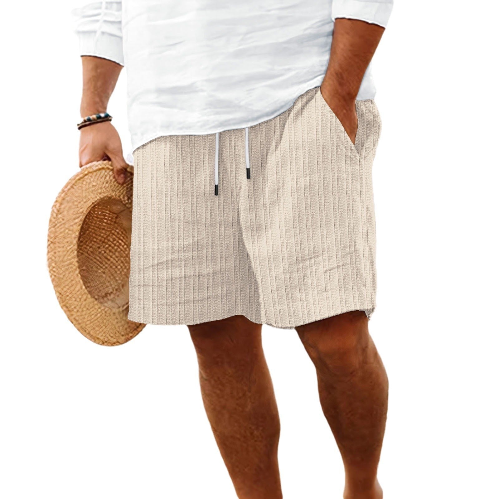 European And American Cotton And Linen Multi-bag Lace Men's Striped Beach Shorts