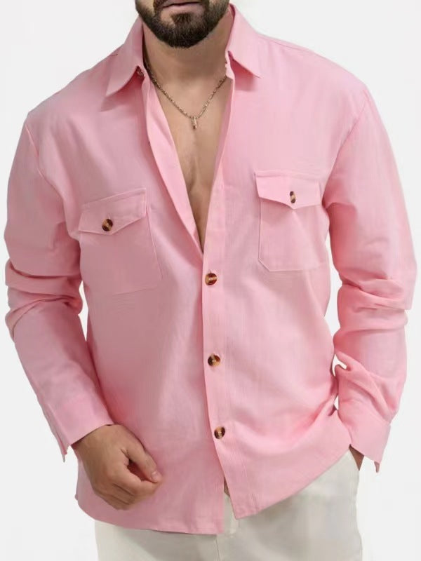 Casual Loose V-neck Solid Color Top Button Chest Pocket Shirt