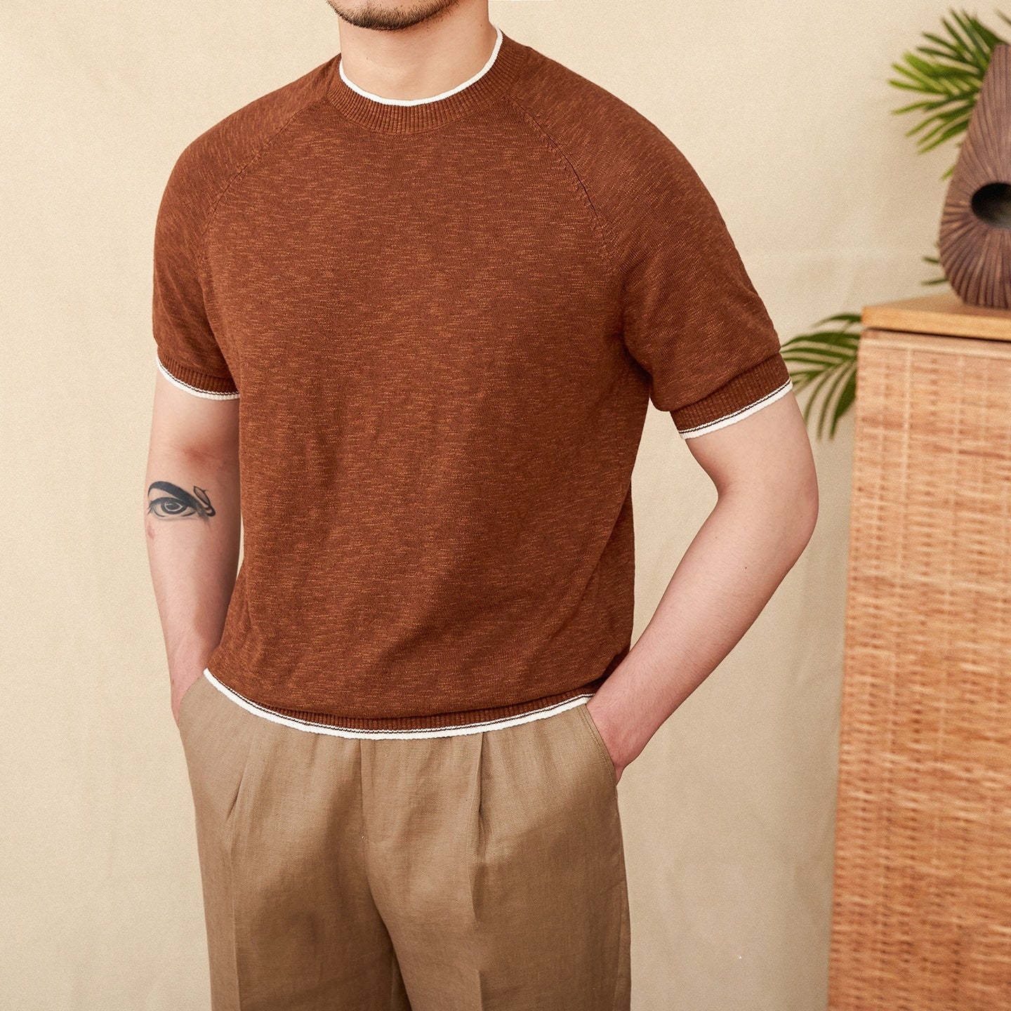 Breathable Round Neck Linen Cotton Casual Knitted Short-sleeved T-shirt