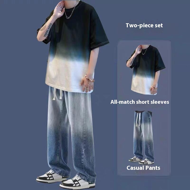 Gradient Short-sleeved Men's Summer Suit Jeans Ruoshuai Two-piece Set