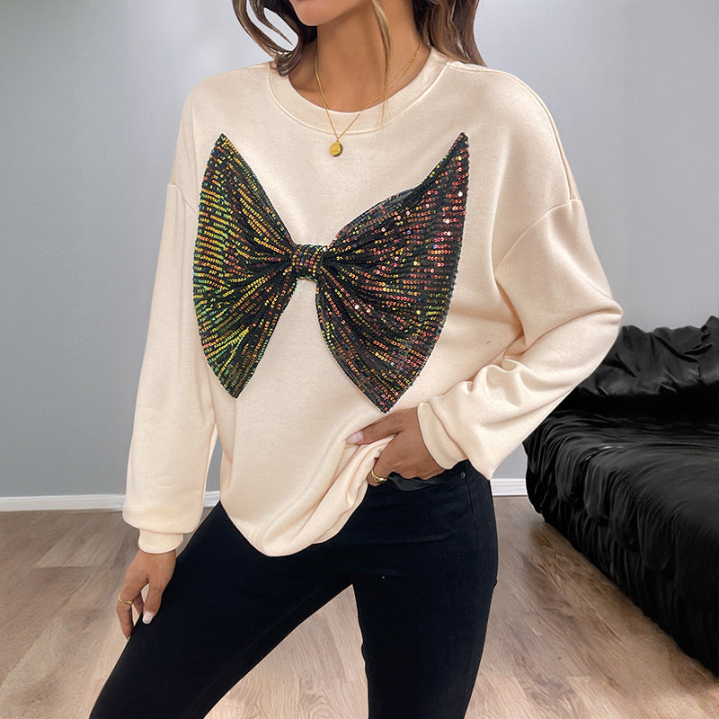 Sequined Bow Crew Neck Pullover Sweatshirt Women