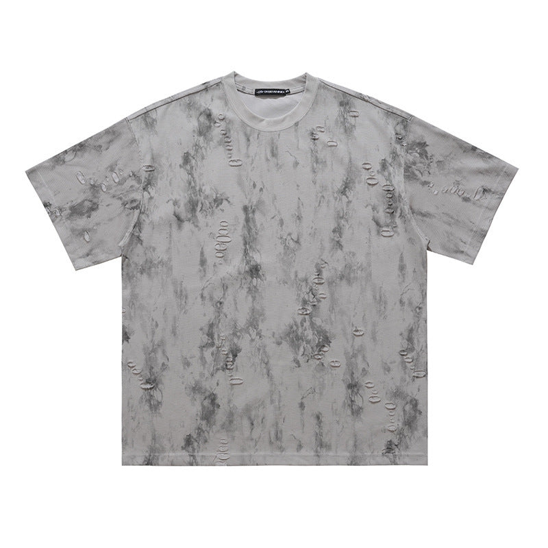 Ripped Edging Design Small Neckline Loose National Fashion Short Sleeve T-shirt