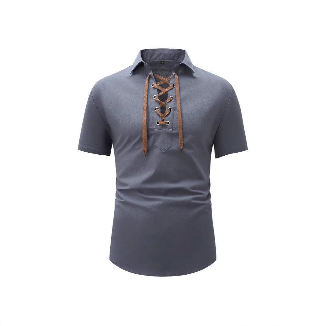 European And American Men's Cotton And Linen Lapel Loose V-neck Lace Shirt