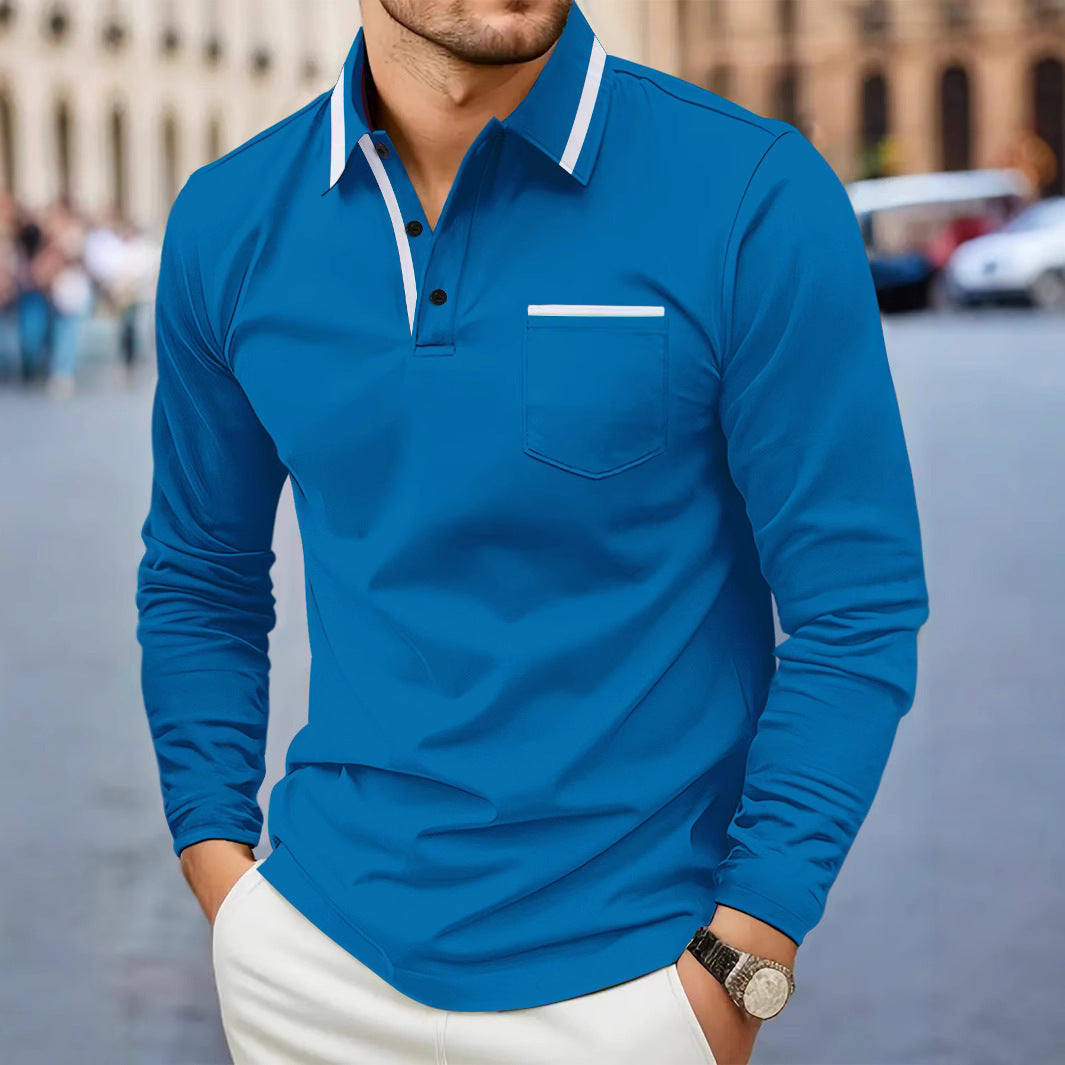 European And American Men's Spring And Autumn Daily Casual Patchwork Pocket Solid Color Lapel Long Sleeve Plus Size Polo Shirt