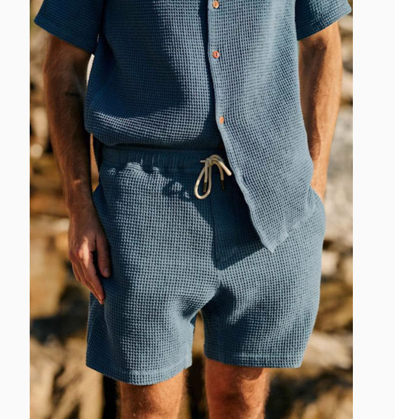 French Men's Waffle Loose Cuban Collar Shirt Shorts Two-piece Suit