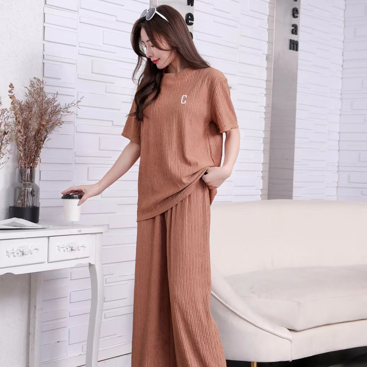 Women's Spring And Summer Letters Thin Embroidery Homewear Suit