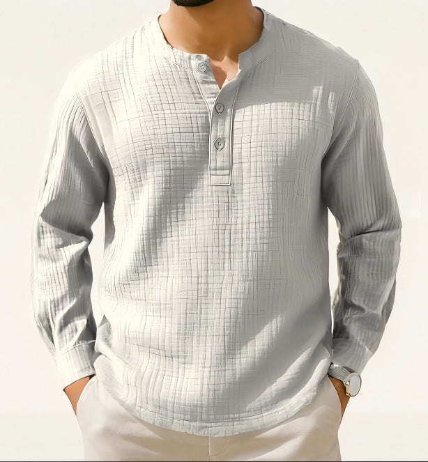 Cotton And Linen Long Sleeve Shirt T-shirt Round Neck