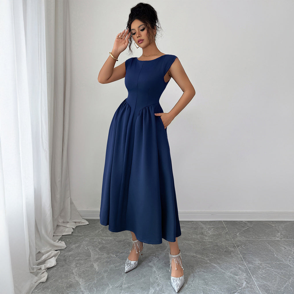 Solid Color Waist Long Skirt Dress Women