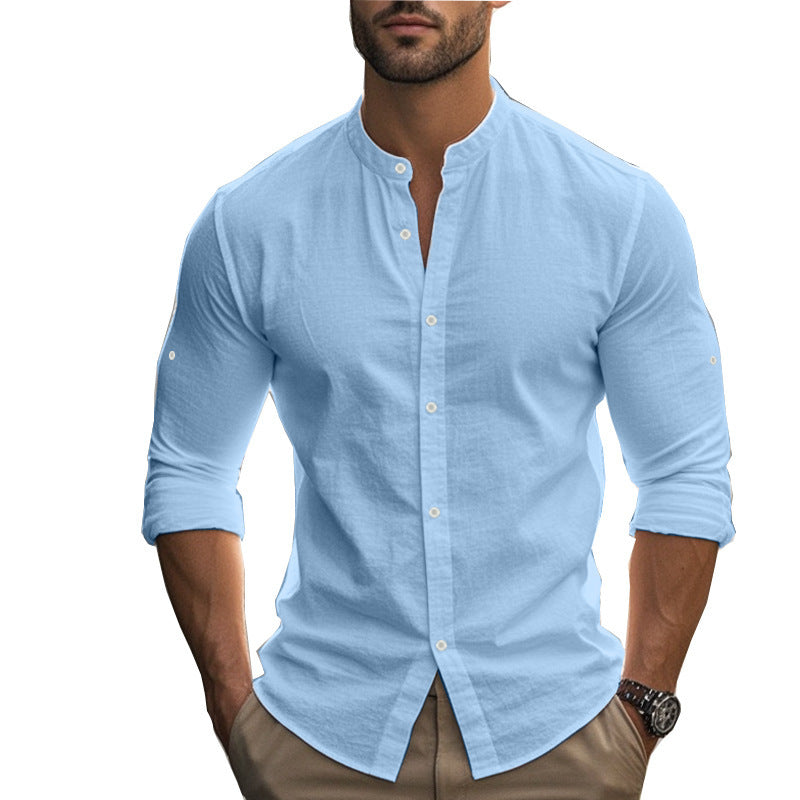 Men's Long Sleeve Standing Collar Slim Fit Casual Cotton Shirt