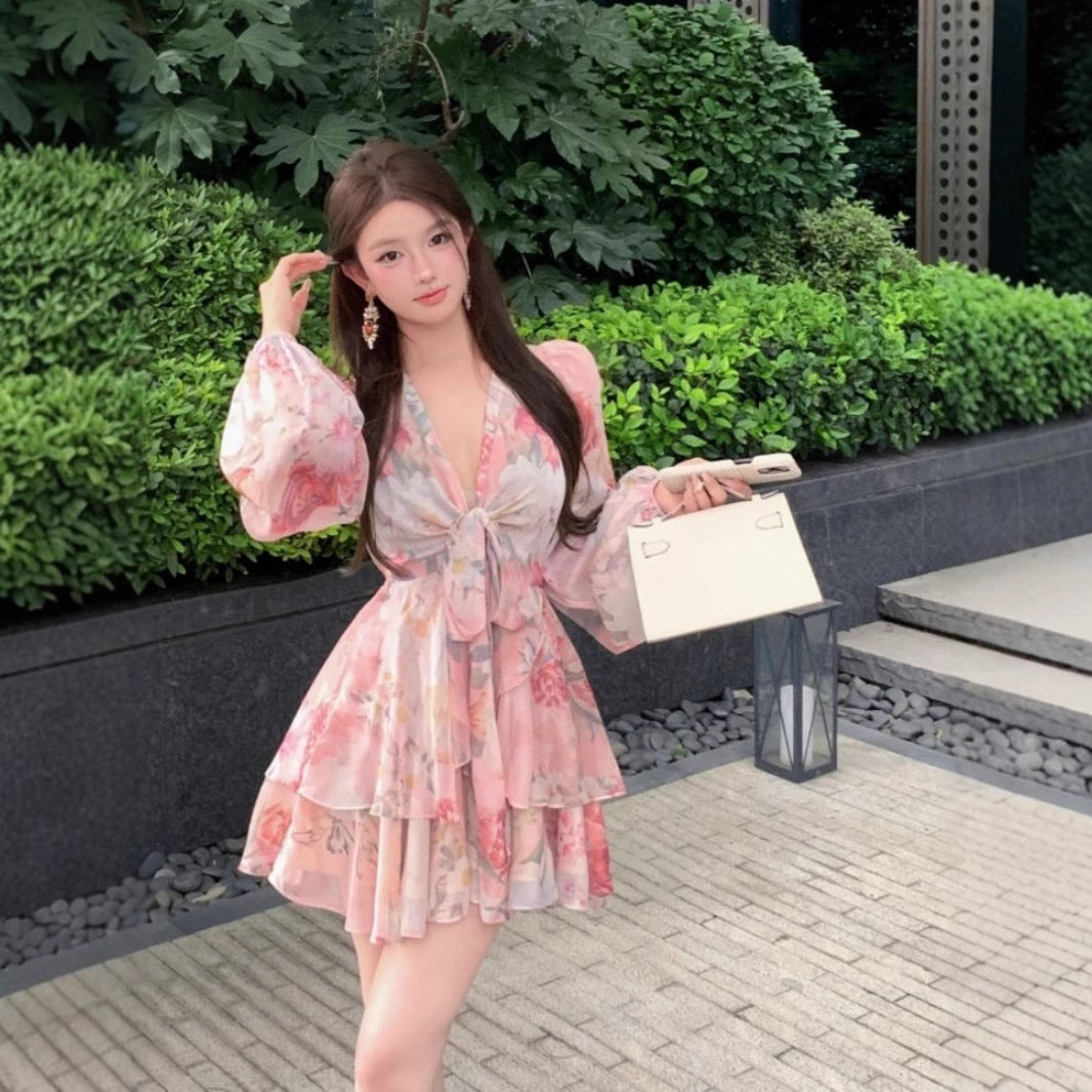 Pure Desire Waist Trimming Easy Matching Sling Printed Female V-neck Dress