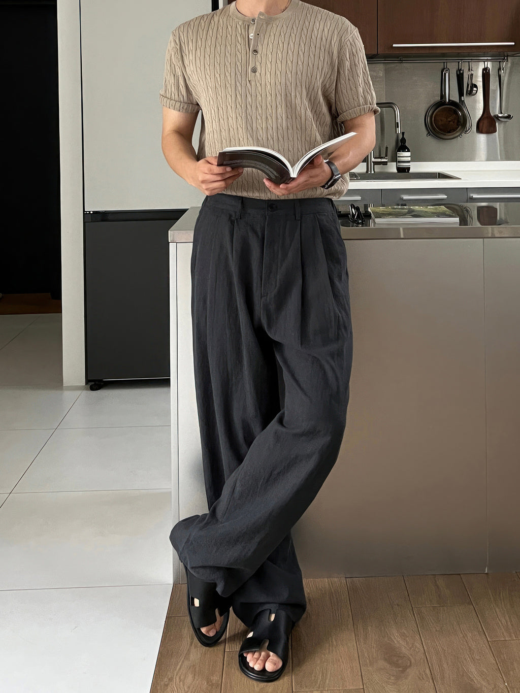 Army Green Linen Leisure Trousers Men's Japanese