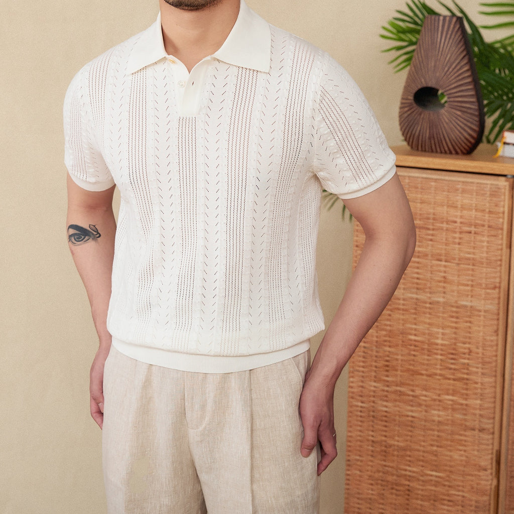 Cotton Hollow Lapel Short Sleeve POLO Knitted T-shirt