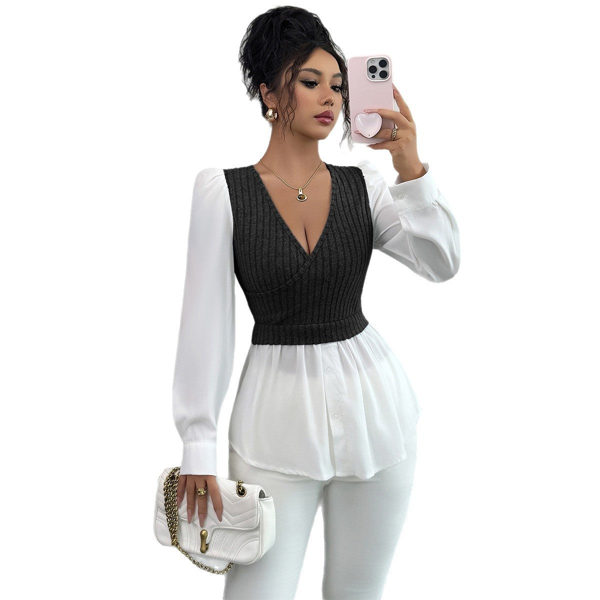 Elegant Stitching Long Sleeve Vest Shirt For Women