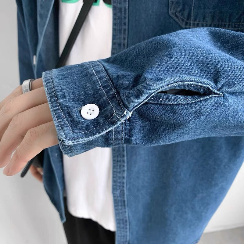 Denim Long Sleeve Shirt Men's Spring And Autumn Turn-down Collar Coat Japanese Style