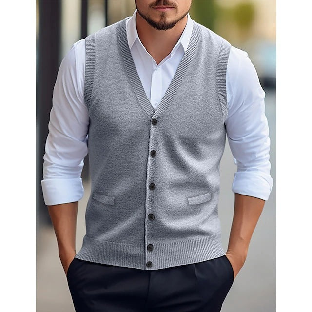 Casual Vest Solid Color Sleeveless Four Seasons Wool Knit Cardigan Men's Vest