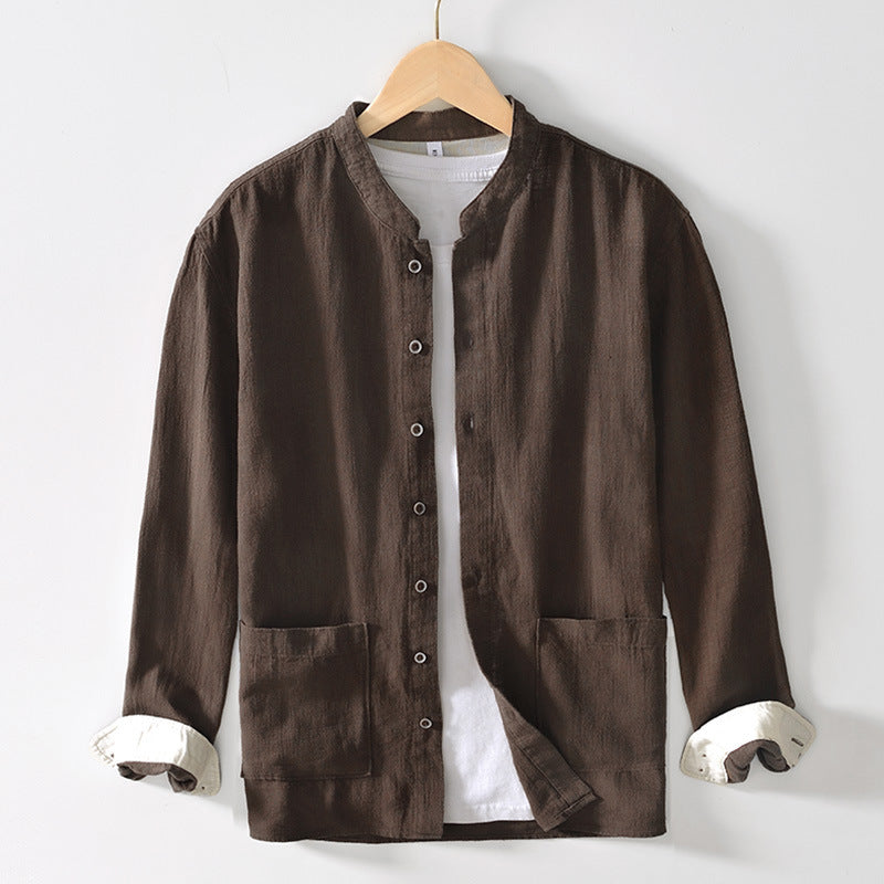 Chinese-style Stand Collar Ramie Long-sleeved Shirt Breathable Linen Casual Chinese-style Shirt For Men