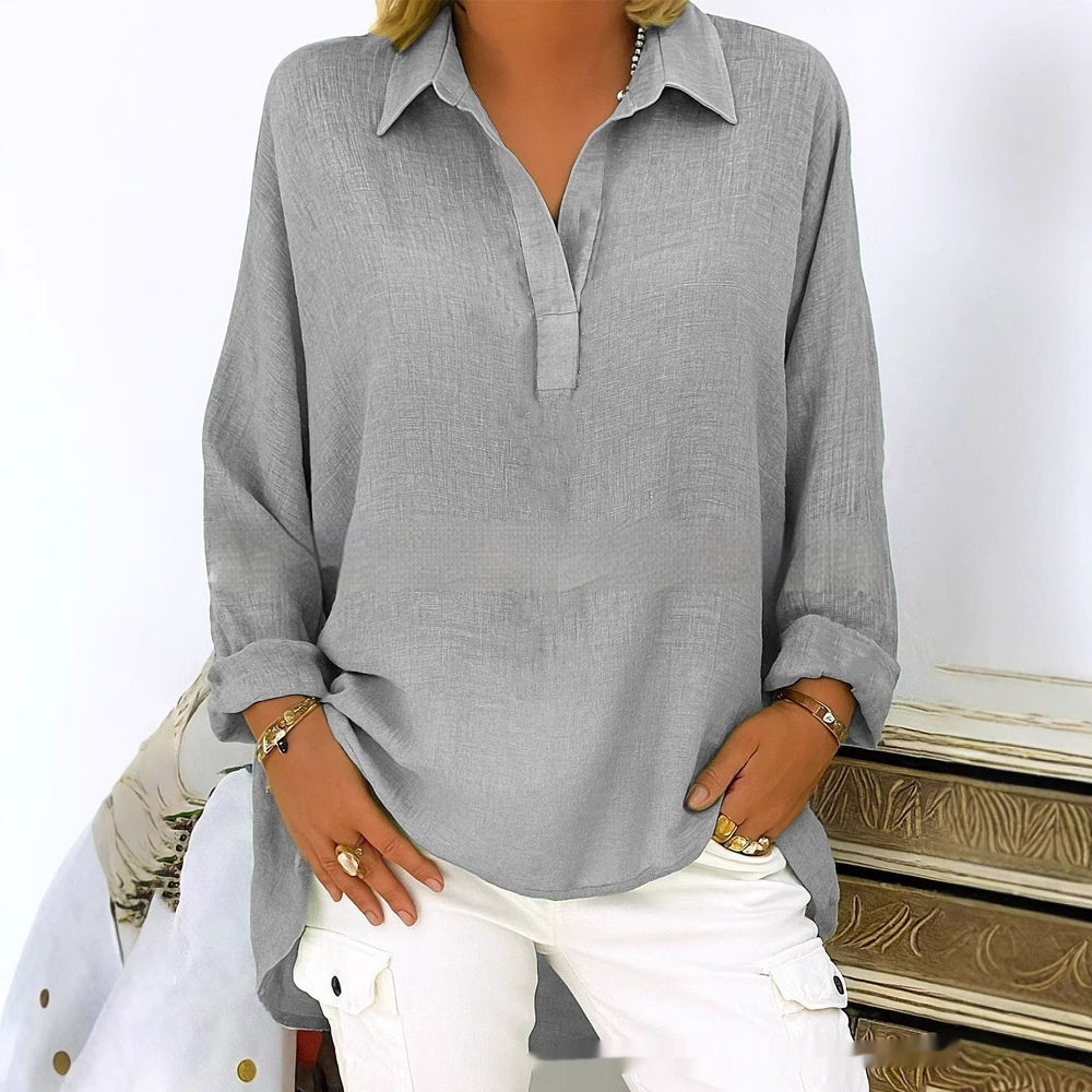 Women's Solid Color Casual Loose Long Sleeve V-neck Shirt
