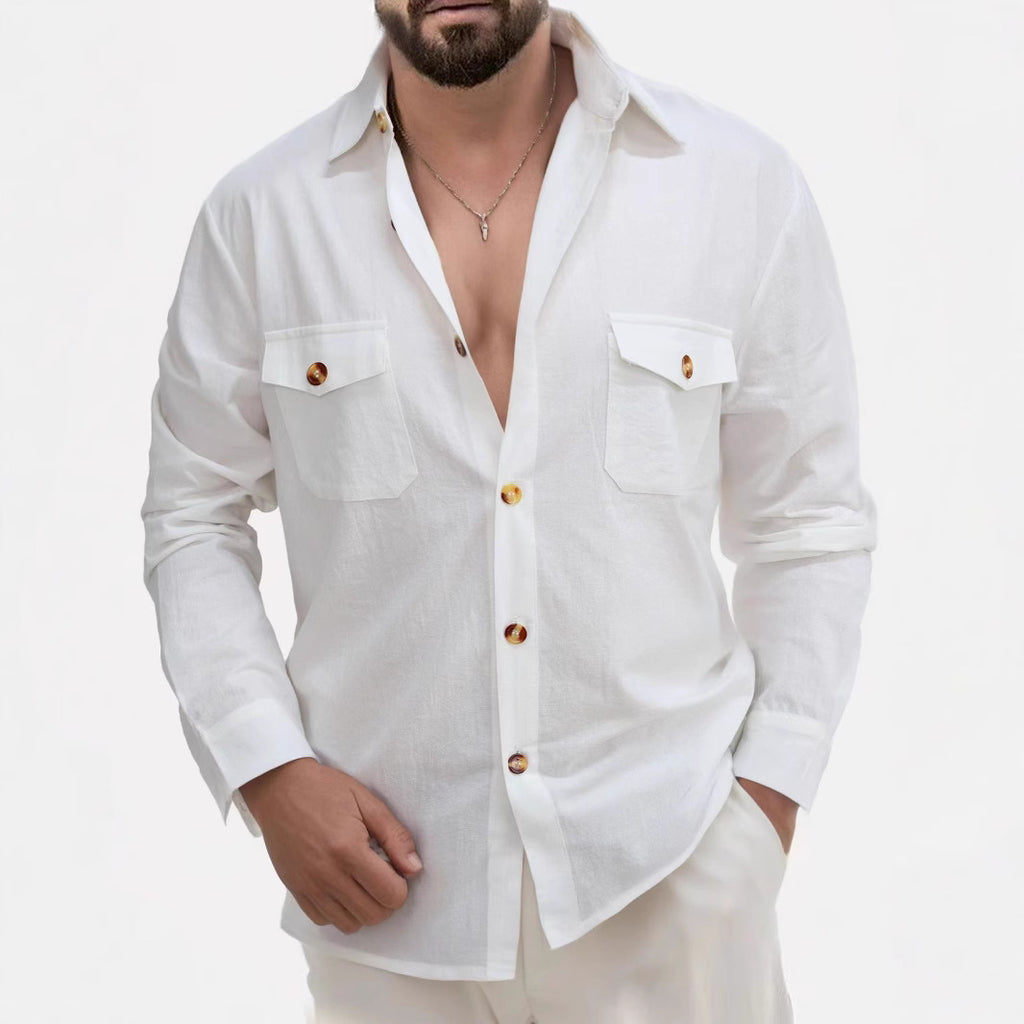 Casual Loose V-neck Solid Color Top Button Chest Pocket Shirt