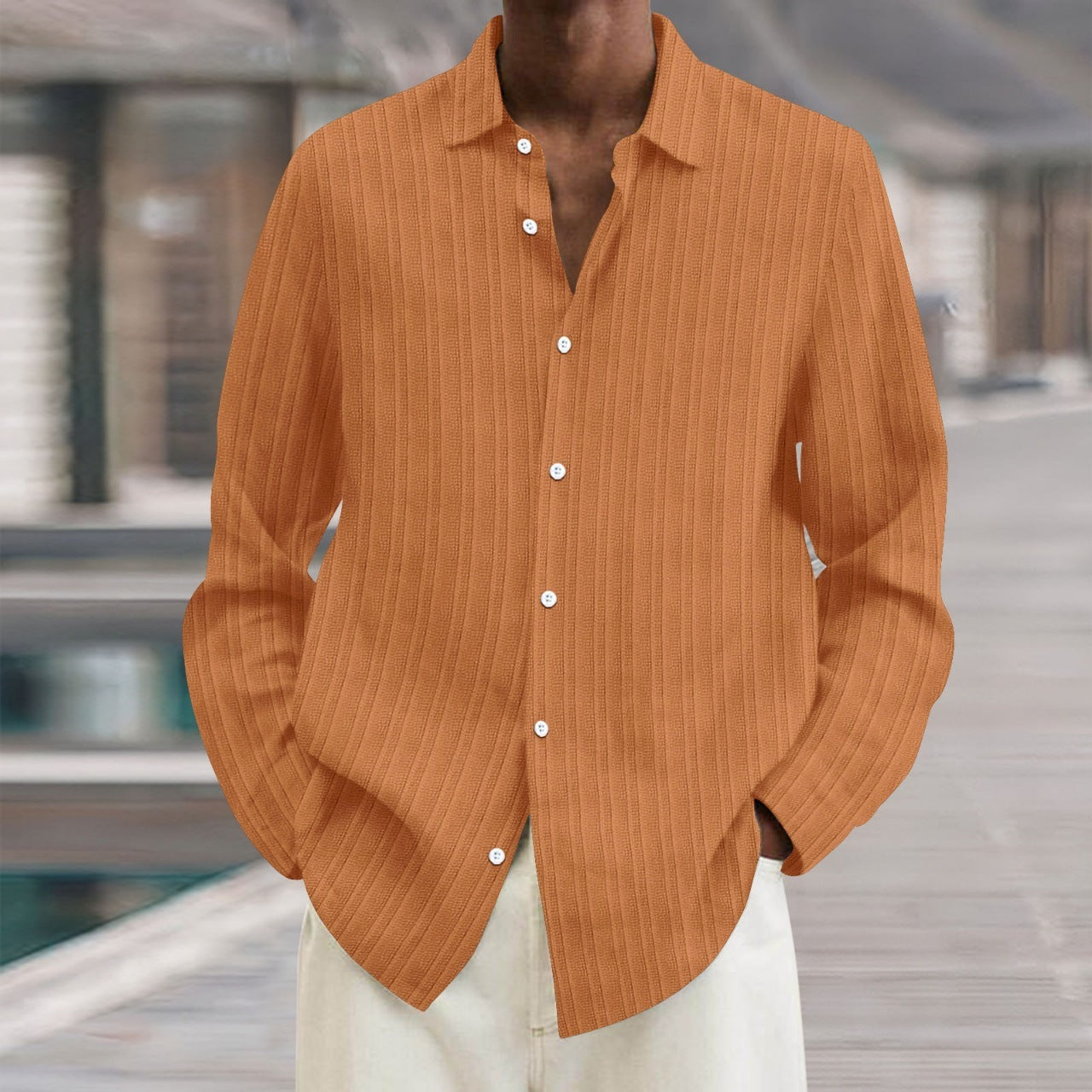 Business Pure Color All-matching Shirt Men's Striped Cardigan Long Sleeve