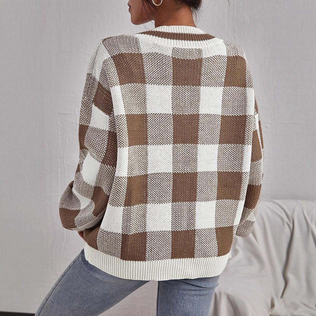Color-contrast Check Sweater Pullover Loose