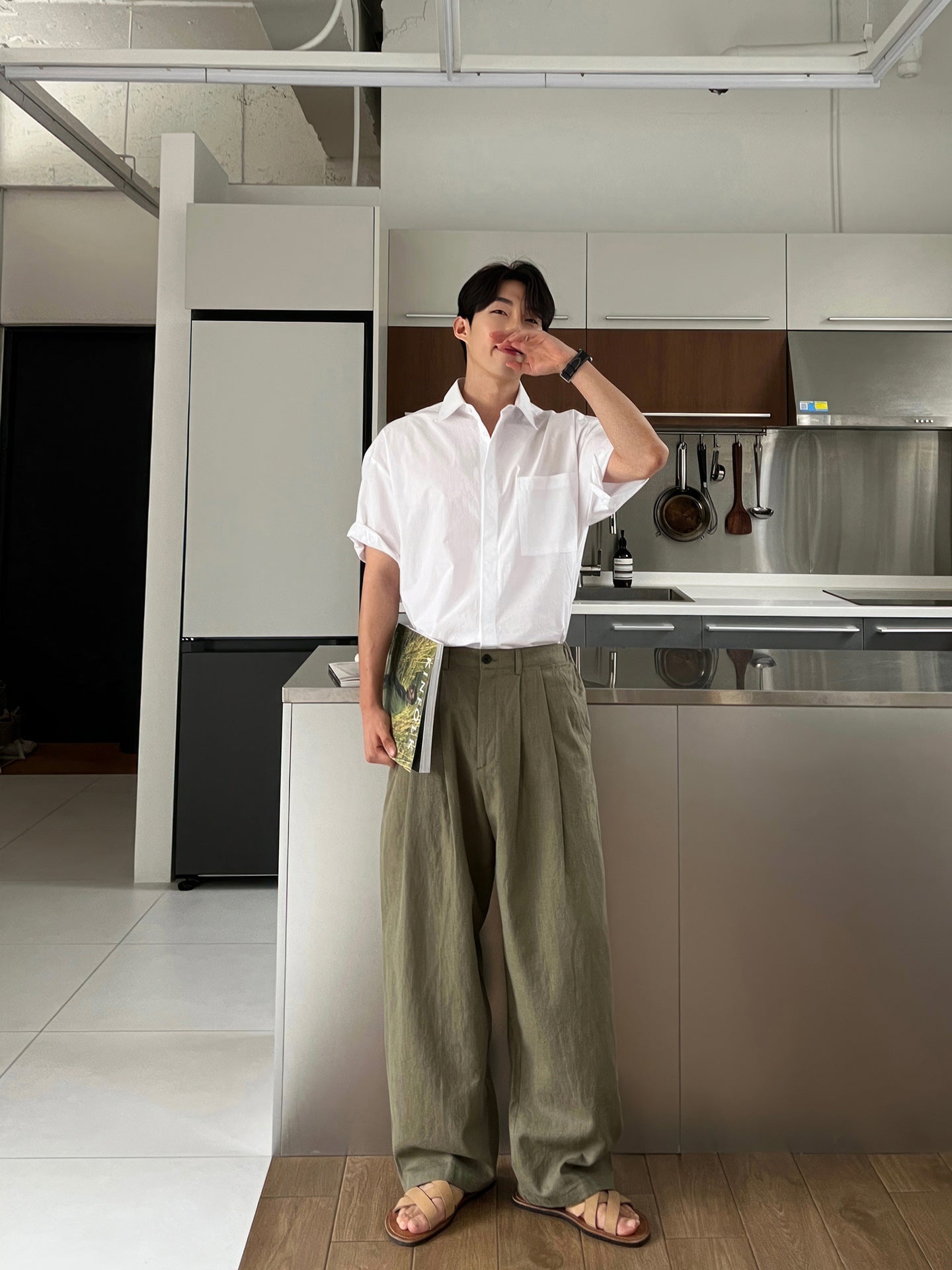 Army Green Linen Leisure Trousers Men's Japanese