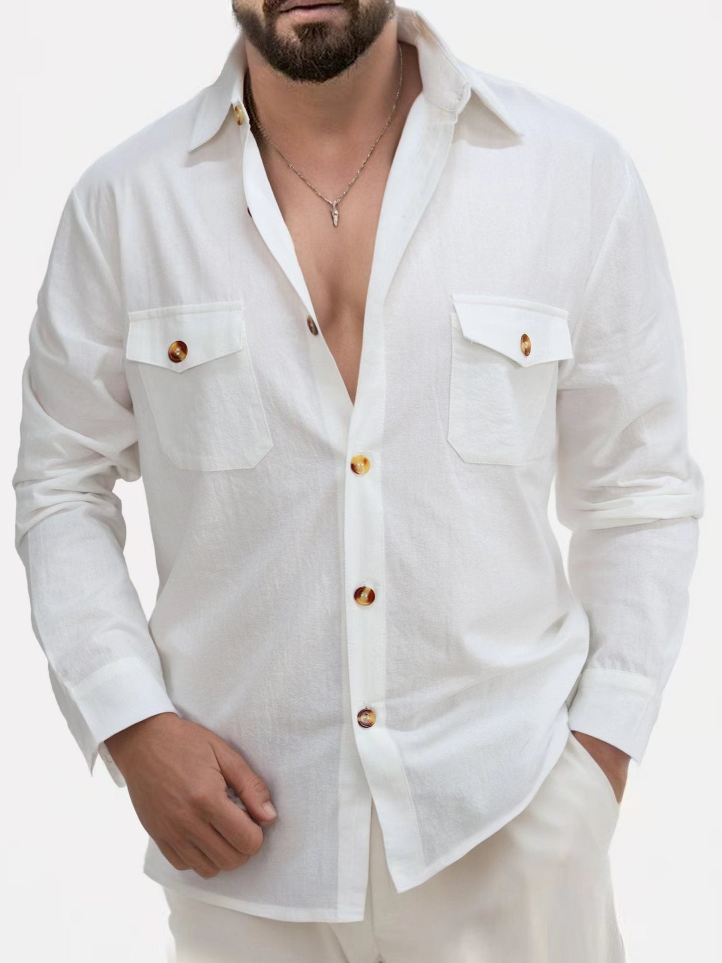Casual Loose V-neck Solid Color Top Button Chest Pocket Shirt