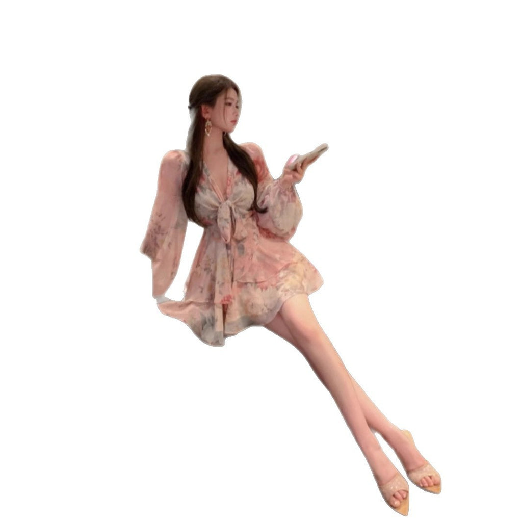 Pure Desire Waist Trimming Easy Matching Sling Printed Female V-neck Dress