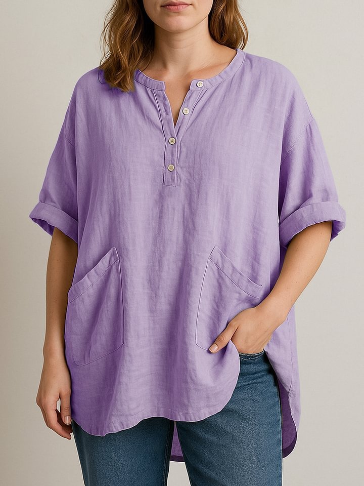 Women's Casual Cropped Sleeve V-neck Solid Color Cotton And Linen Shirt