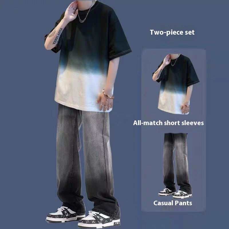Gradient Short-sleeved Men's Summer Suit Jeans Ruoshuai Two-piece Set