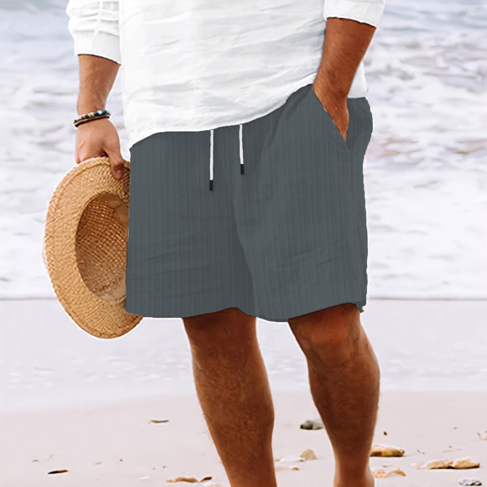 European And American Cotton And Linen Multi-bag Lace Men's Striped Beach Shorts