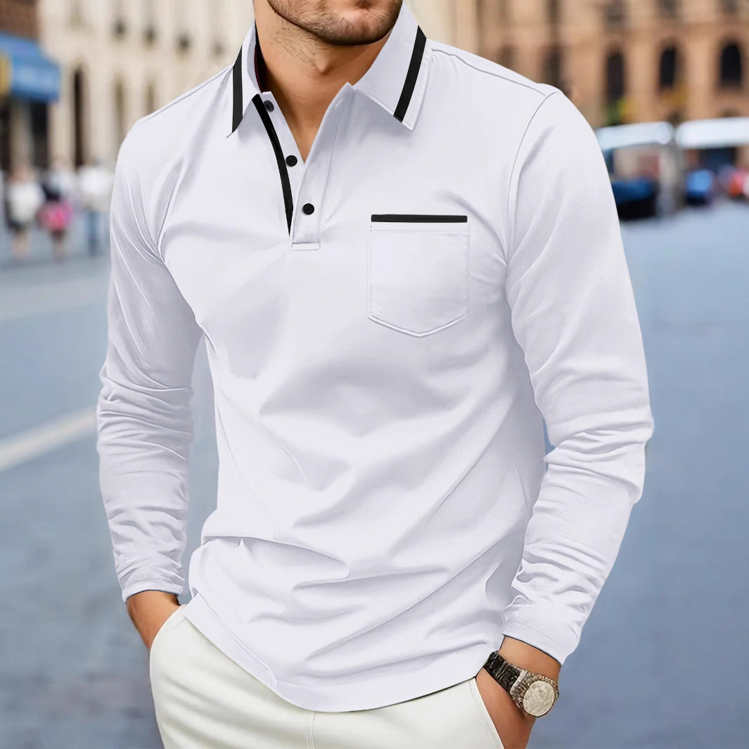 European And American Men's Spring And Autumn Daily Casual Patchwork Pocket Solid Color Lapel Long Sleeve Plus Size Polo Shirt