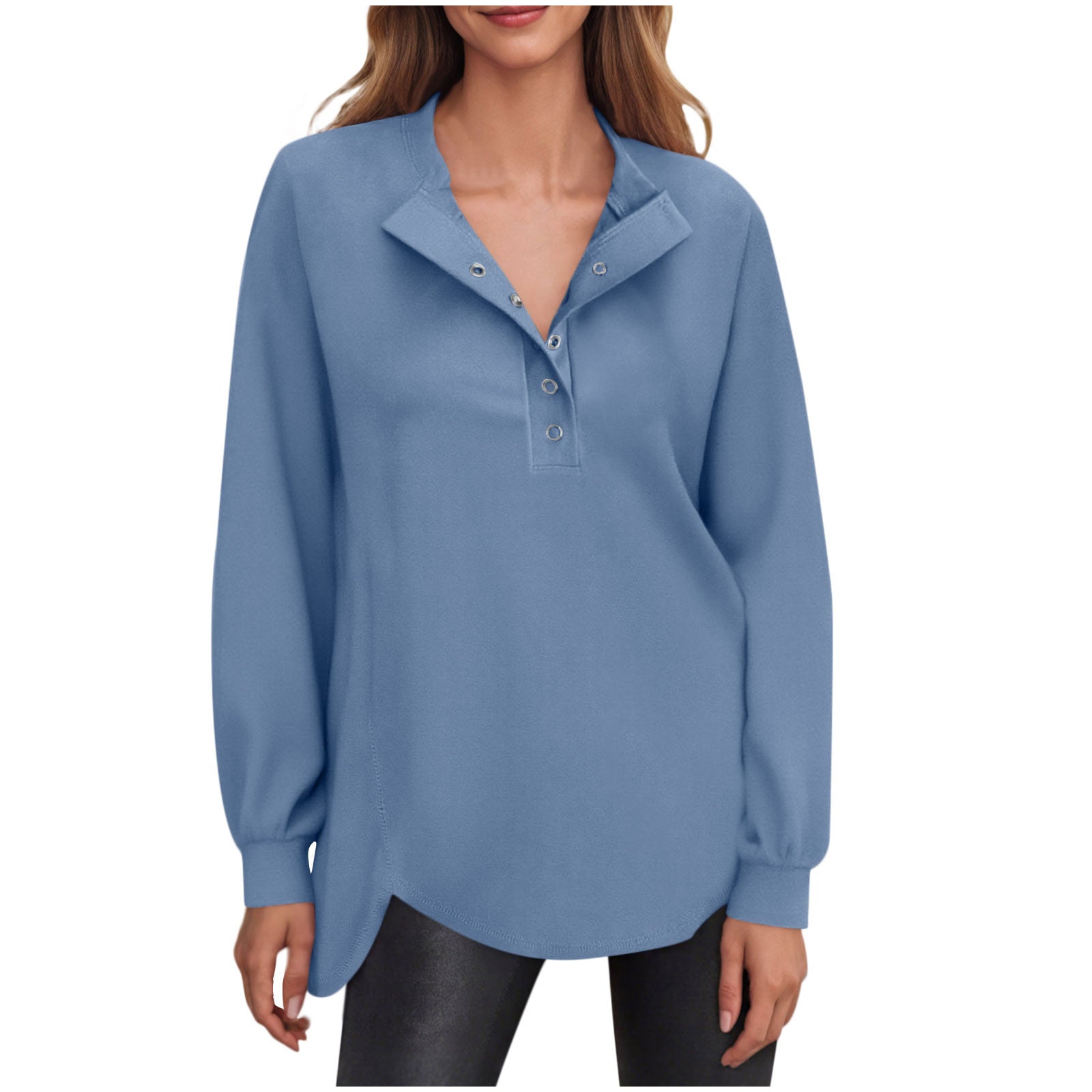 Women's Fashion Casual Solid Color Round Neck Button Long Sleeve Top