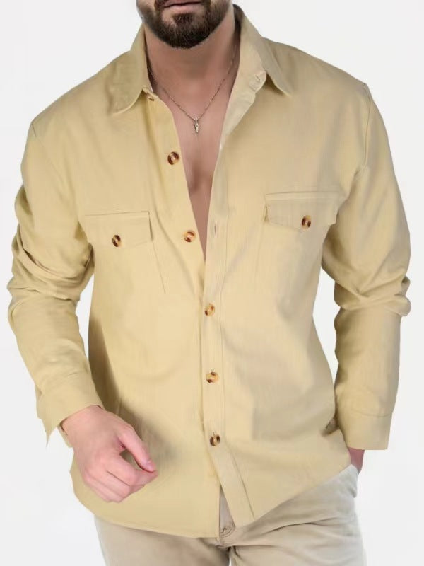 Casual Loose V-neck Solid Color Top Button Chest Pocket Shirt
