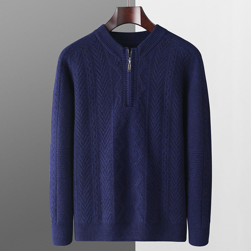 Autumn And Winter Pure Wool Men's Diamond Lattice Loose Half Zipper Sweater