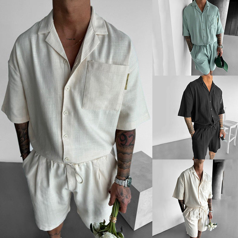 Casual Polo Collar Pocket Loose Short Sleeve Shirt Shorts Suit