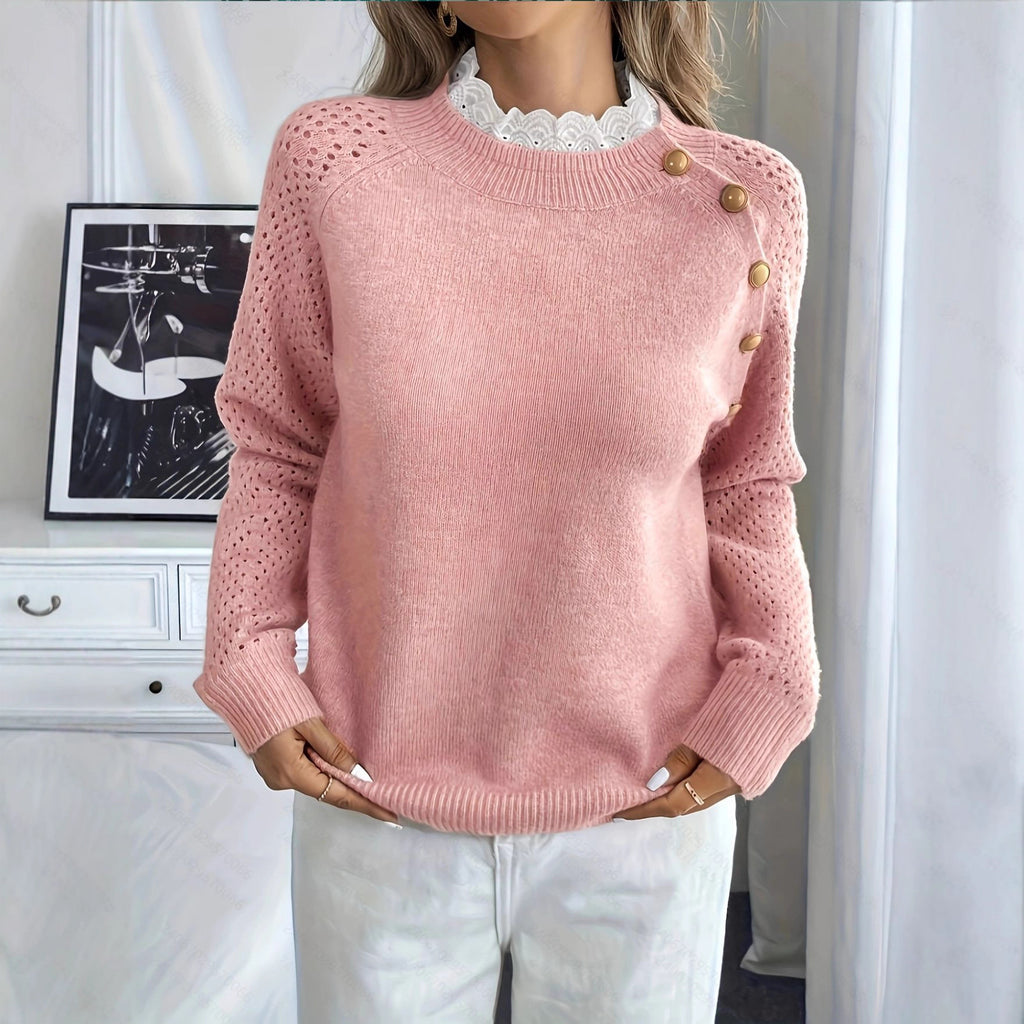 Lace Stitching Collar Design Round Neck Sweater