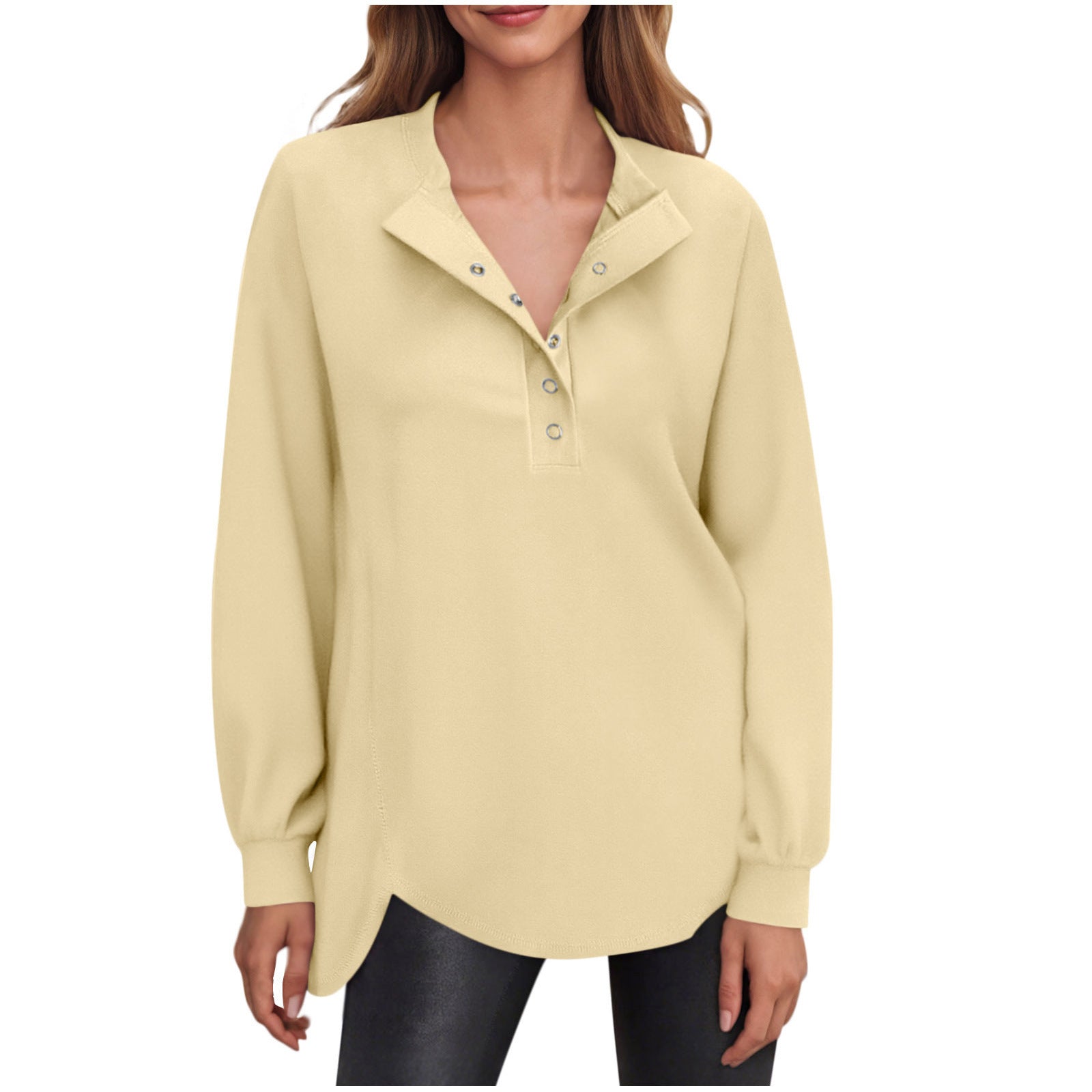 Women's Fashion Casual Solid Color Round Neck Button Long Sleeve Top