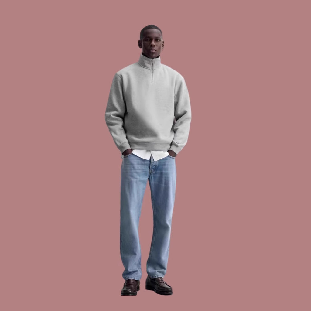 Half Zipped Stand Collar Gray Sweater Same Style For Men And Women