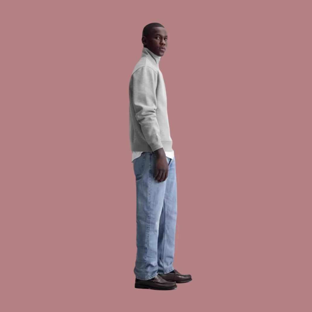 Half Zipped Stand Collar Gray Sweater Same Style For Men And Women