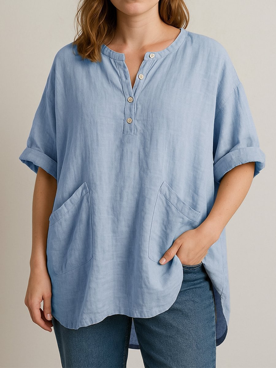 Women's Casual Cropped Sleeve V-neck Solid Color Cotton And Linen Shirt