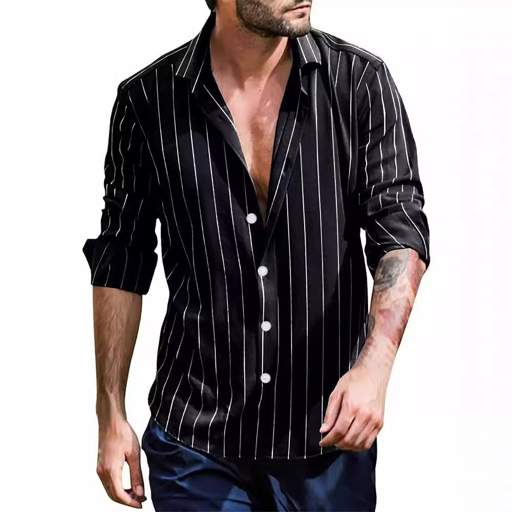 Fall Winter Men Striped Lapel Cardigan Striped Long Sleeve Shirt