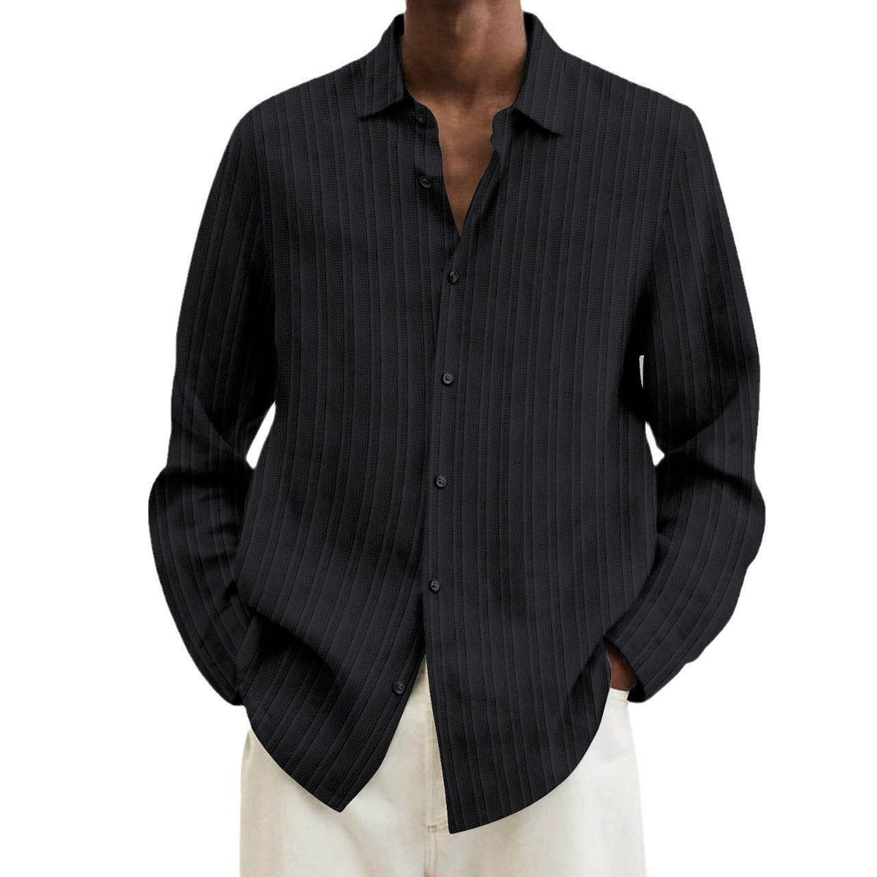 Business Pure Color All-matching Shirt Men's Striped Cardigan Long Sleeve