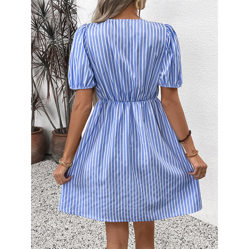 Women's Striped Tie Front Puff Sleeve Summer Casual Mini Dresses Loose Flowy Sundress