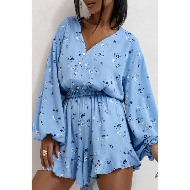 Printed V-neck Long Sleeve Jumpsuit