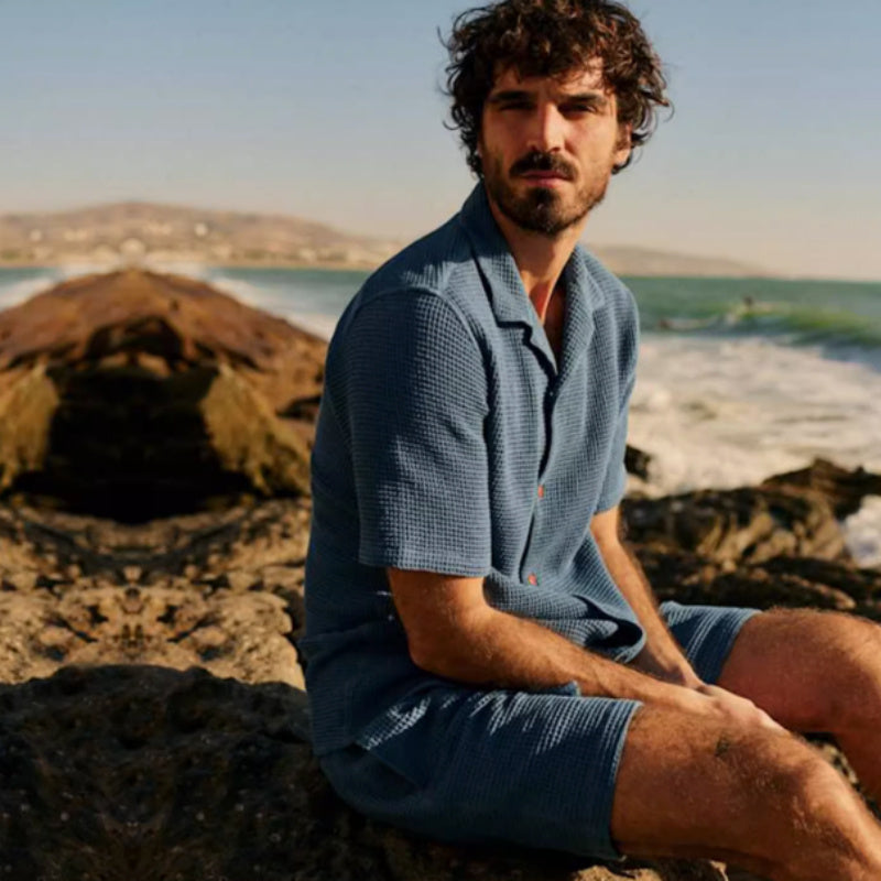 French Men's Waffle Loose Cuban Collar Shirt Shorts Two-piece Suit