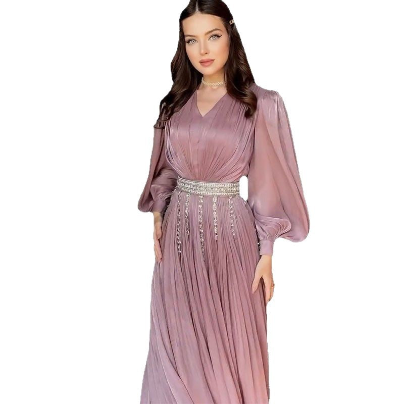 Fashion V-neck Pleated Tulle Long Sleeve Big Hem Dress