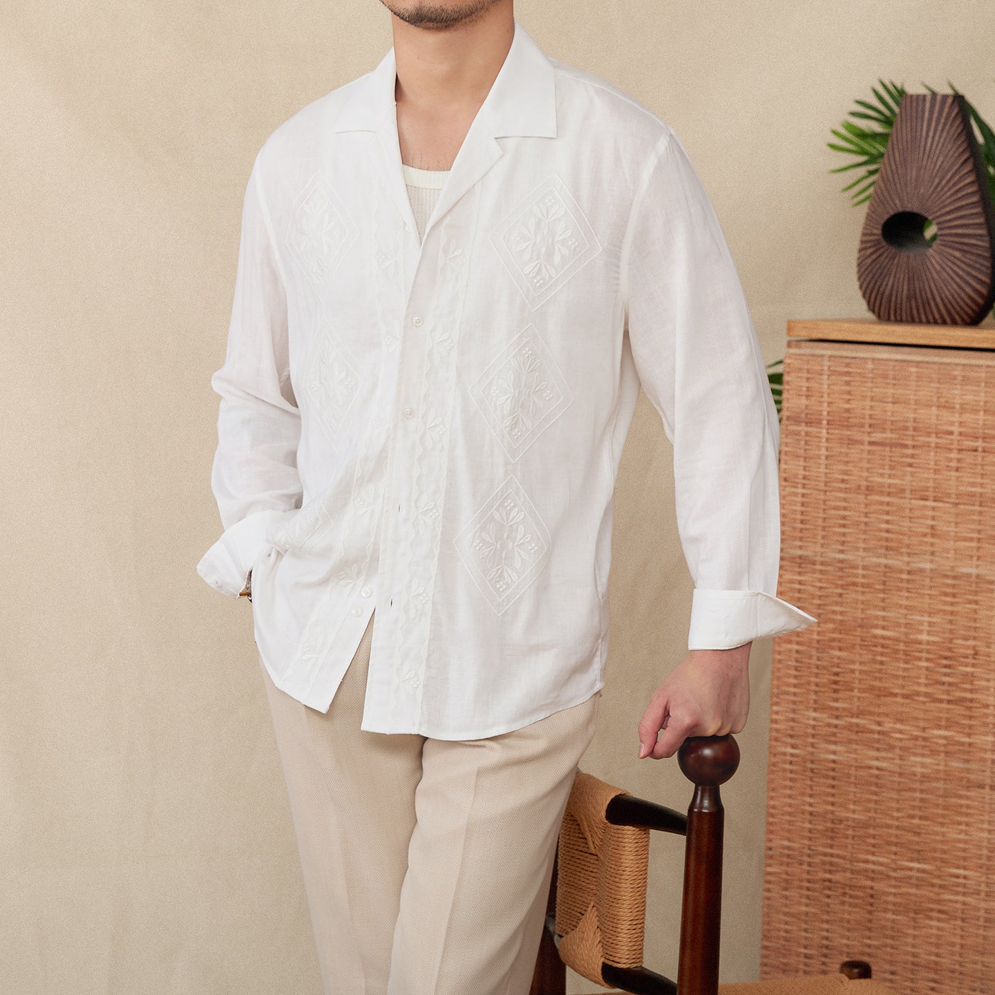 Cotton And Linen Thin Embroidery Cuban Collar Long Sleeve Sunscreen Shirt