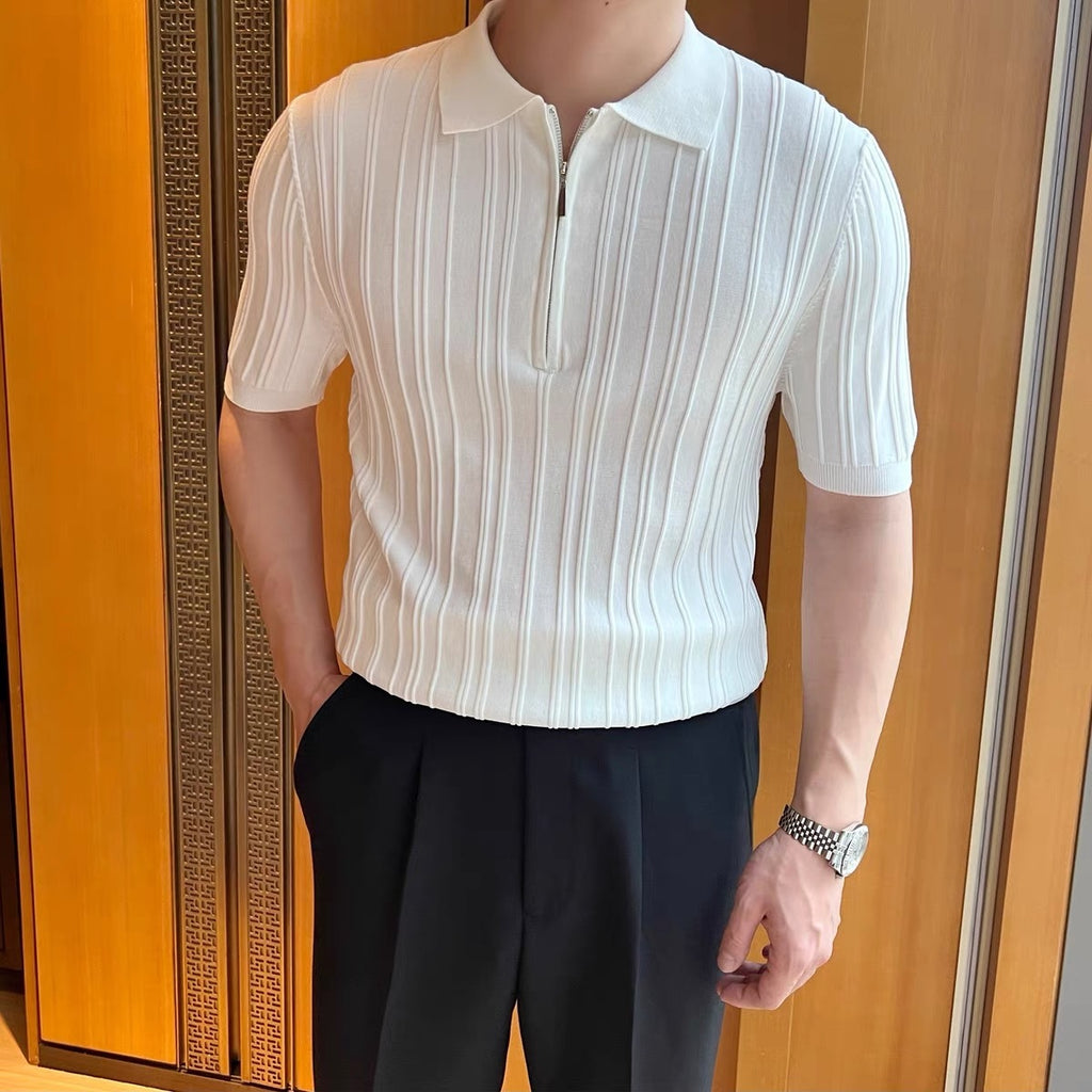 Casual Zipper Short Sleeve Men's Retro Elegant Jacquard Lapel